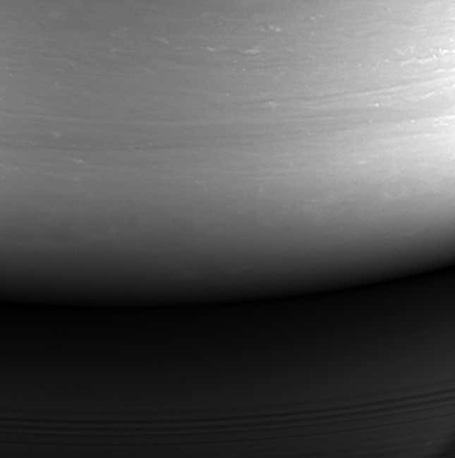 This monochrome view is the last image taken by the imaging cameras on NASA’s Cassini spacecraft.