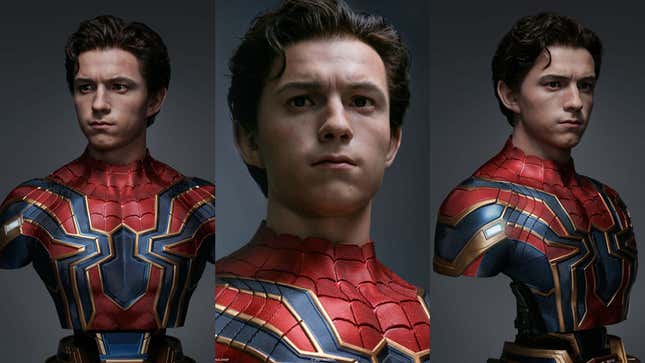 A triptych of life-size, maskless busts of Spider-Man star Tom Holland in Avengers: Infinity War's Iron Spider suit. 