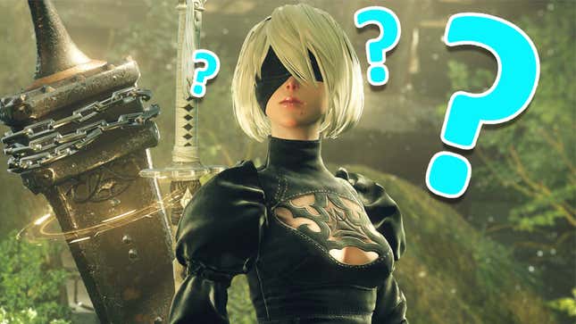 2B stares in the distance in Nier: Automata, the community for which is tearing itself apart over a secret door.