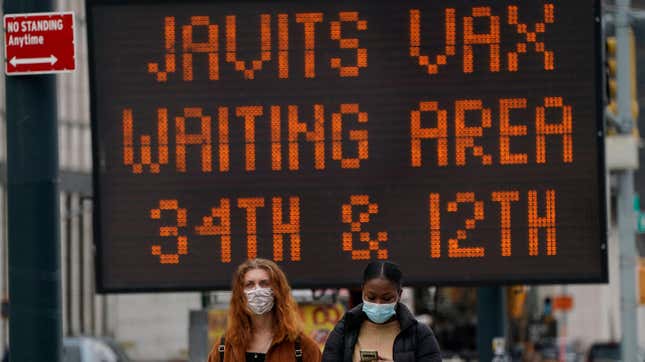 New Yorkers arrive at the Javits Center Covid-19 vaccination center on April 13, 2021 in New York City. 