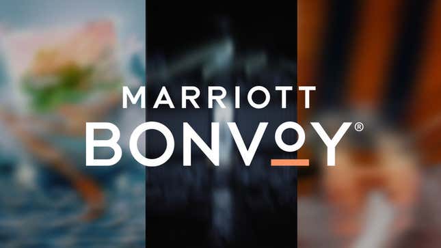 The Marriott logo over three blurred images of the company's NFT collection.