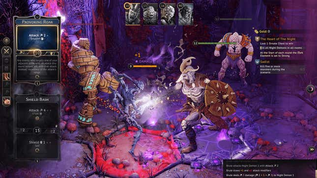 A Gloomhaven merc stabs a beast in a purple room.