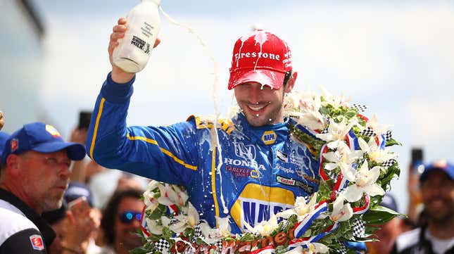 Alexander Rossi, driver of the No .98 NAPA Auto Parts Andretti Herta Autosport Honda celebrates after winning the 100th running of the Indianapolis 500 at Indianapolis Motorspeedway on May 29, 2016 in Indianapolis, Indiana.