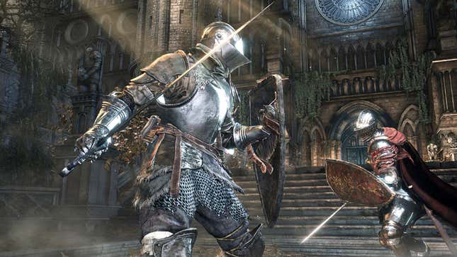An image of a shield-bearing soldier facing off against an enemy in Dark Souls 3.