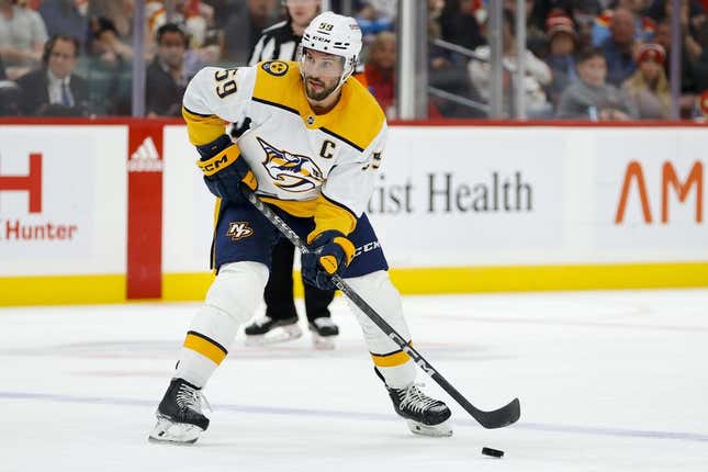 Mar 2, 2023; Sunrise, Florida, USA; Nashville Predators defenseman Roman Josi (59) moves the puck during the first period against the Florida Panthers at FLA Live Arena.