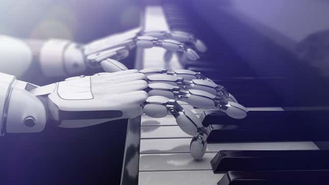 Artificial intelligence hands playing the piano. Technology of machine learning.