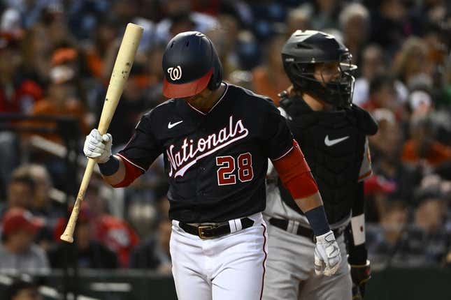Apr 18, 2023; Washington, District of Columbia, USA; Washington Nationals right fielder Lane Thomas (28) reacts after striking out during the third inning at Nationals Park.