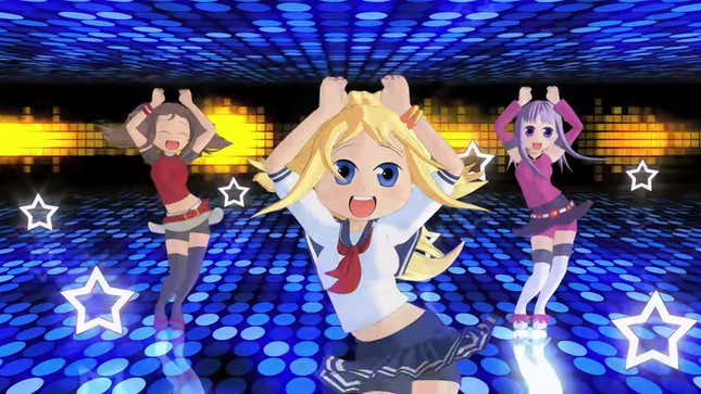 A screenshot of the three 3D animated girls called the Caramella Girls doing the Caramell dance, a back-and-forth motion swaying the hips from side-to-side and flapping the hands above the head.