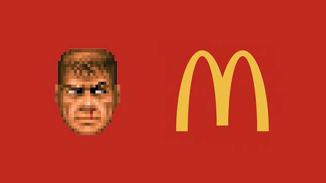 An image shows the Doomguy looking at the McDonald's logo.
