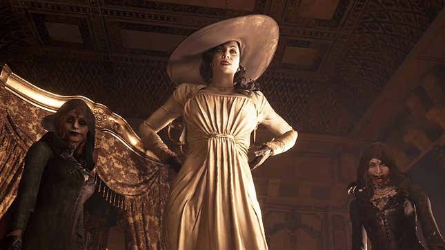 Lady Dimitrescu from Resident Evil Village standing tall in her white dress. 