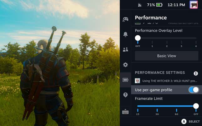 A screenshot of the Steam Deck running The Witcher 3 shows a per-game graphics profile setting.
