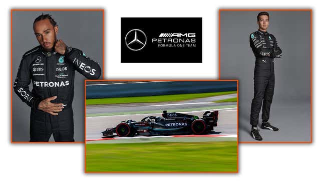 A collage showing images of Lewis Hamilton, George Russell and the Mercedes F1 car. 
