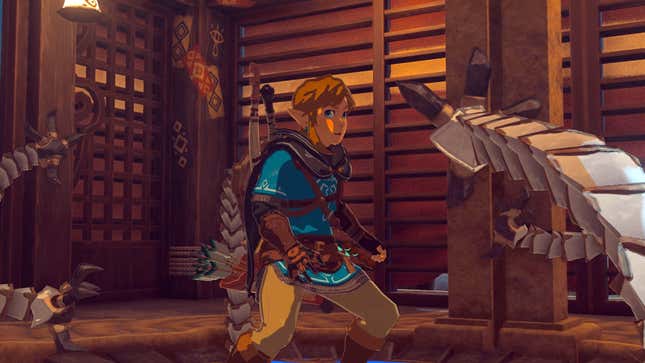 Link is looking surprised as what appears to be several mechanical arms stretch out toward him.