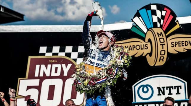 Takuma Sato celebrates his second Indy 500 victory in 2020.