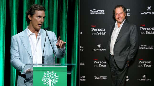 Matthew McConaughey gestures among a green background while Salesforce CEO Marc Benioff stands in front of Time person of the year