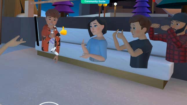A group of Facebook VR avatars smile and crowd together for a picture.