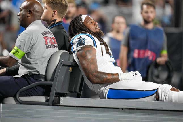 Sep 18, 2023; Charlotte, North Carolina, USA; Carolina Panthers linebacker Shaq Thompson (7) is carted to the locker room after an injury  during the first quarter against the New Orleans Saints at Bank of America Stadium.