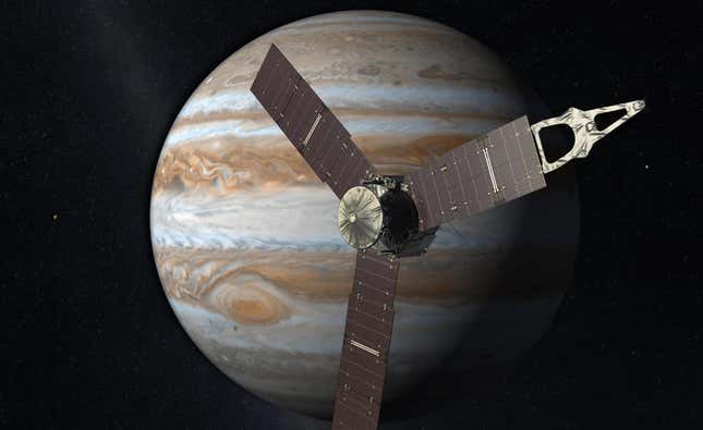 An artist's impression of Juno orbiting Jupiter.