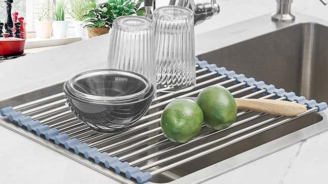 Roll Up Dish Drying Rack (17.8 x 11.8 in) | $15 | Amazon
Roll Up Dish Drying Rack (17.8 x 15.7 in) | $15 | Amazon