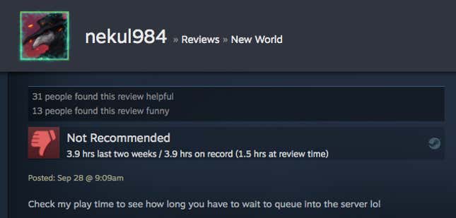A user review for the MMO New World on Steam