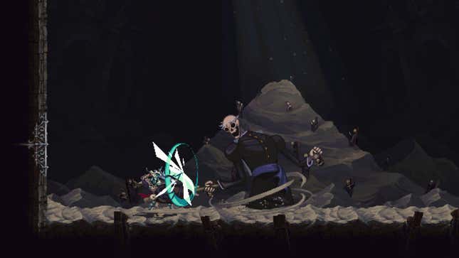 The protagonist of Blasphemous 2 fights a giant skeleton.