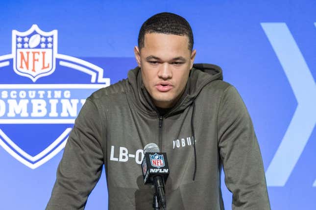 Mar 1, 2023; Indianapolis, IN, USA; Army linebacker Andre Carter Ii (LB06) speaks to the press at the NFL Combine at Lucas Oil Stadium.