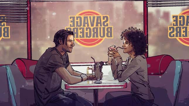 Riley and Rochelle sit at a table in a diner.