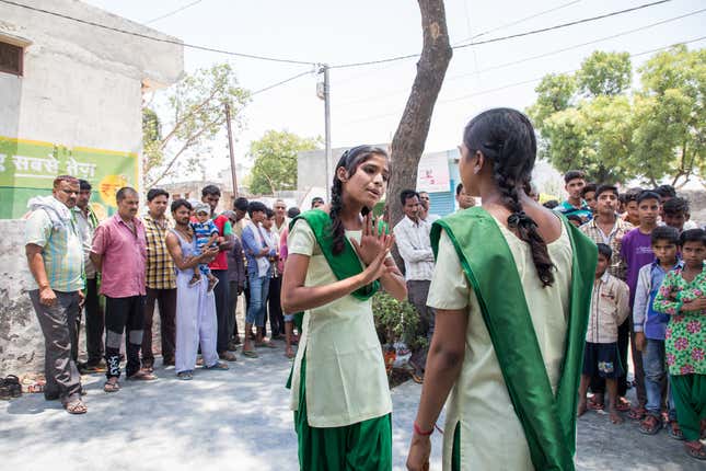 Students from senior classes make street plays and perform them in neighbouring villages to create awareness about gender equality.