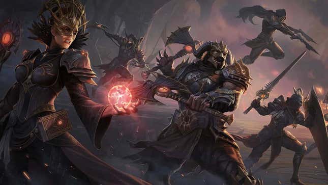 A group of warriors and mages charge into battle as seen in Diablo Immortal. 