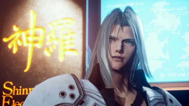 Sephiroth looks intensely off camera, probably talking to Zack or some other Final Fantasy VII soldier.