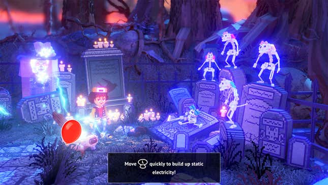 The main characters in a graveyard, attacked by an army of skeletons.