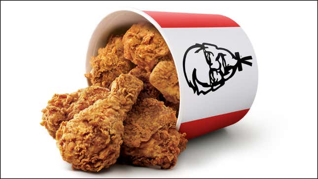 Product shot: KFC Bucket of Extra Crispy chicken laying on its side