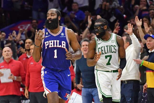 May 7, 2023; Philadelphia, Pennsylvania, USA; Philadelphia 76ers guard James Harden (1) reacts after making game-winning three point basket against the Boston Celtics during overtime of game four of the 2023 NBA playoffs at Wells Fargo Center.