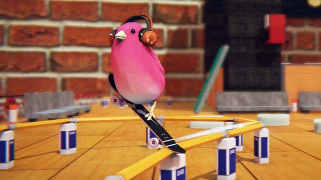A pink bird on a skateboard.