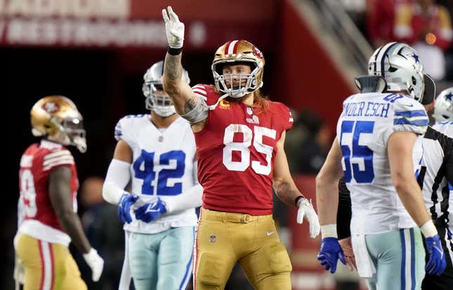 Jan 22, 2023; Santa Clara, California, USA; San Francisco 49ers tight end George Kittle (85) celebrates after a play during the fourth quarter of a NFC divisional round game against the Dallas Cowboys at Levi&#39;s Stadium.