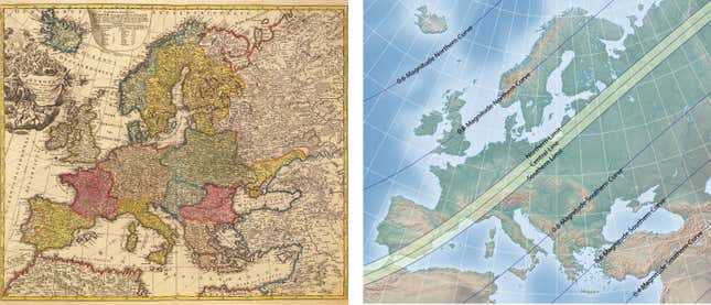 1706 Eclipse map by Homann with contemporary comparison.