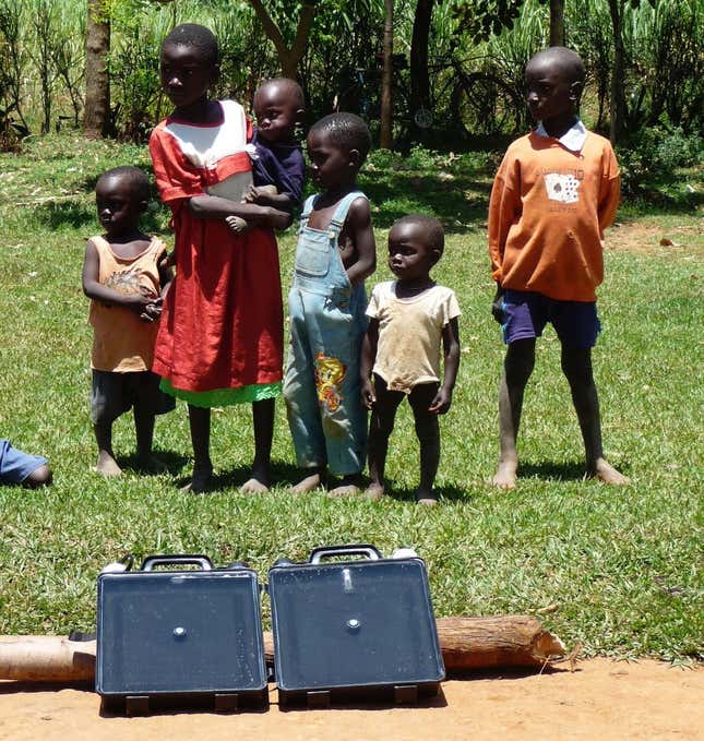 A solar-powered water purifier in use in Kenya.