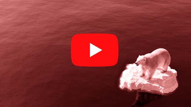 The YouTube logo next to a polar bear on a shrinking ice flow