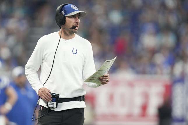 Sep 10, 2023; Indianapolis, Indiana, USA; Indianapolis Colts head coach Shane Shane Steichen watches the action on the field Sunday, Sept. 10, 2023, during a game against the Jacksonville Jaguars at Lucas Oil Stadium.