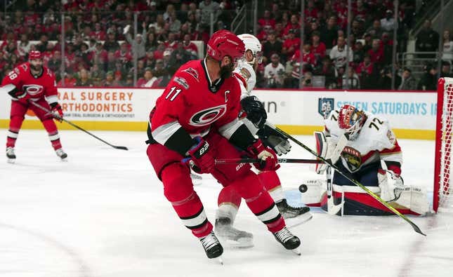 May 20, 2023; Raleigh, North Carolina, USA; Carolina Hurricanes center Jordan Staal (11) takes a shot on Florida Panthers goaltender Sergei Bobrovsky (72) in the first period during game two of the Eastern Conference Finals of the 2023 Stanley Cup Playoffs at PNC Arena.
