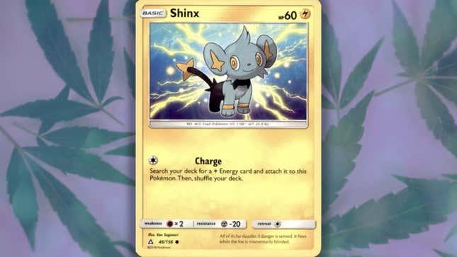 A cute, blue little four-legged creature with a smile on its face is seen on a Pokémon card shown against a pot leaf background.