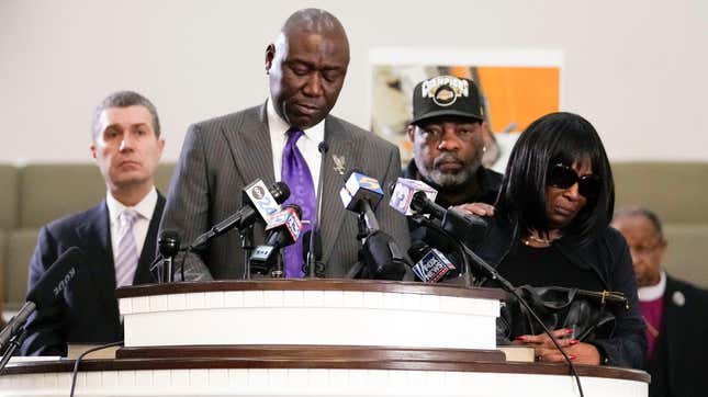 The family of Tyre Nichols, along with attorneys Ben Crump and Tony Romanucci, at a press conference on January 23, 2023.