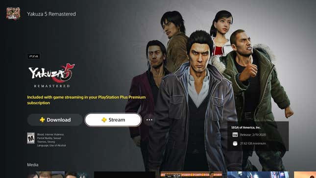 Uno screenshot del menu della PS5 mostra un'opzione per lo streaming di Yakuza 5.