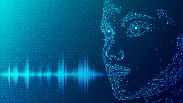 An image of a computer generated human face and a waveform of audio in front of it.