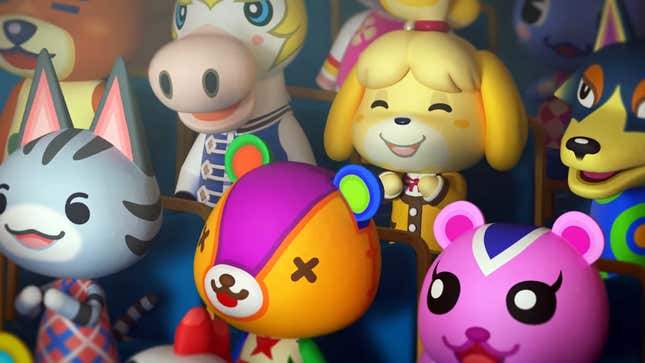 Colorful Animal Crossing: New Horizons NPCs watch a movie together.