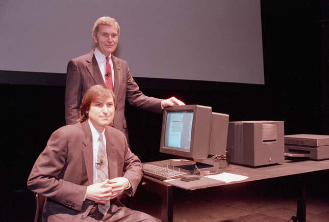 FYI: That’s not Sculley behind Jobs, but David Norman, former president of computer retailer Businessland.
