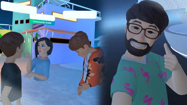 Facebook VR avatars hang out and a close up of me as a VR avatar smiling. 
