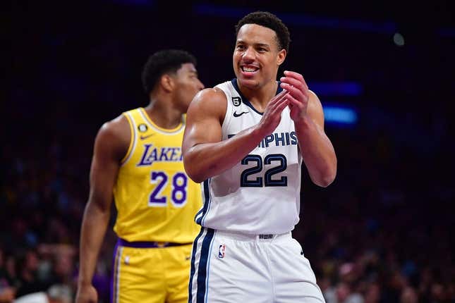 Apr 24, 2023; Los Angeles, California, USA; Memphis Grizzlies guard Desmond Bane (22) reacts after scoring a basket against the Los Angeles Lakers during the second half in game four of the 2023 NBA playoffs at Crypto.com Arena.
