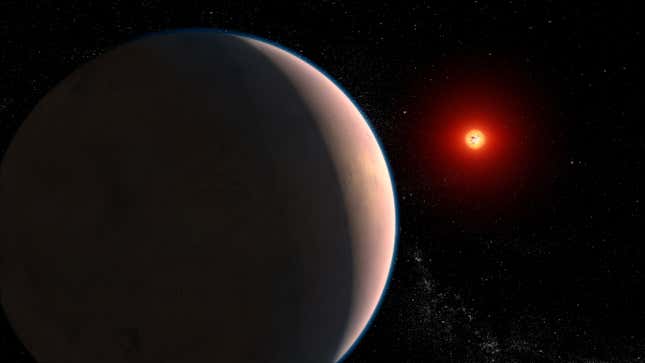 An illustration of GJ 486 b orbiting its red dwarf (background right).