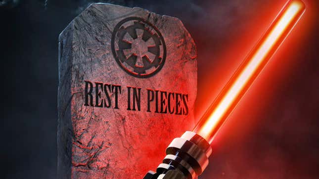 A red lightsaber jutting out of the ground from a grave that has the Empire's symbol on it and the words "Rest in pieces.".